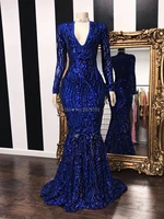 n215 elegant royal blue fashion v neck long sleeves zipper mermaidtrumpet sequins long evening dressformal gowns free shipping