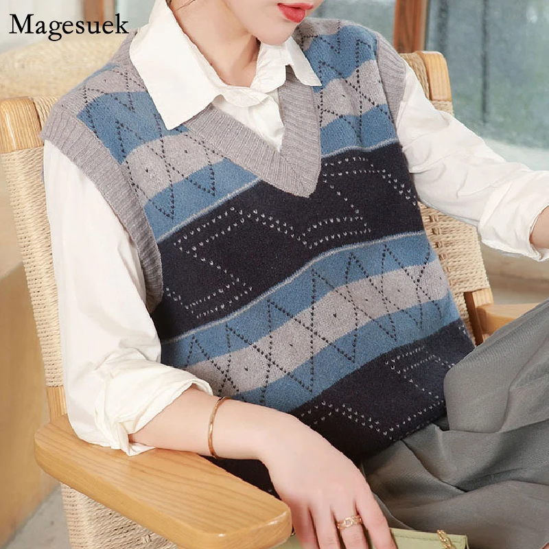 

Preppy Style Vintage Loose Knit Vest Tops Autumn and Winter Knitted Sweater Vest Women Plaid Striped Sweater Pullover 16319