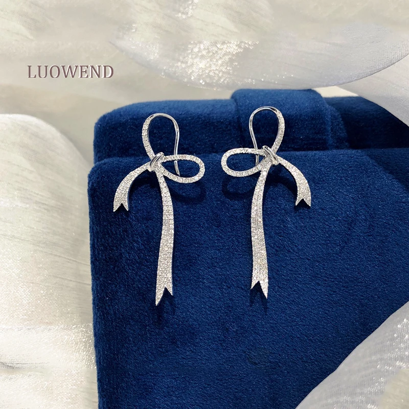 

LUOWEND Real 18K White Gold Drop Earrings Female Diamond Earring Temperament Bow-knot Engagement Party Jewelry Design