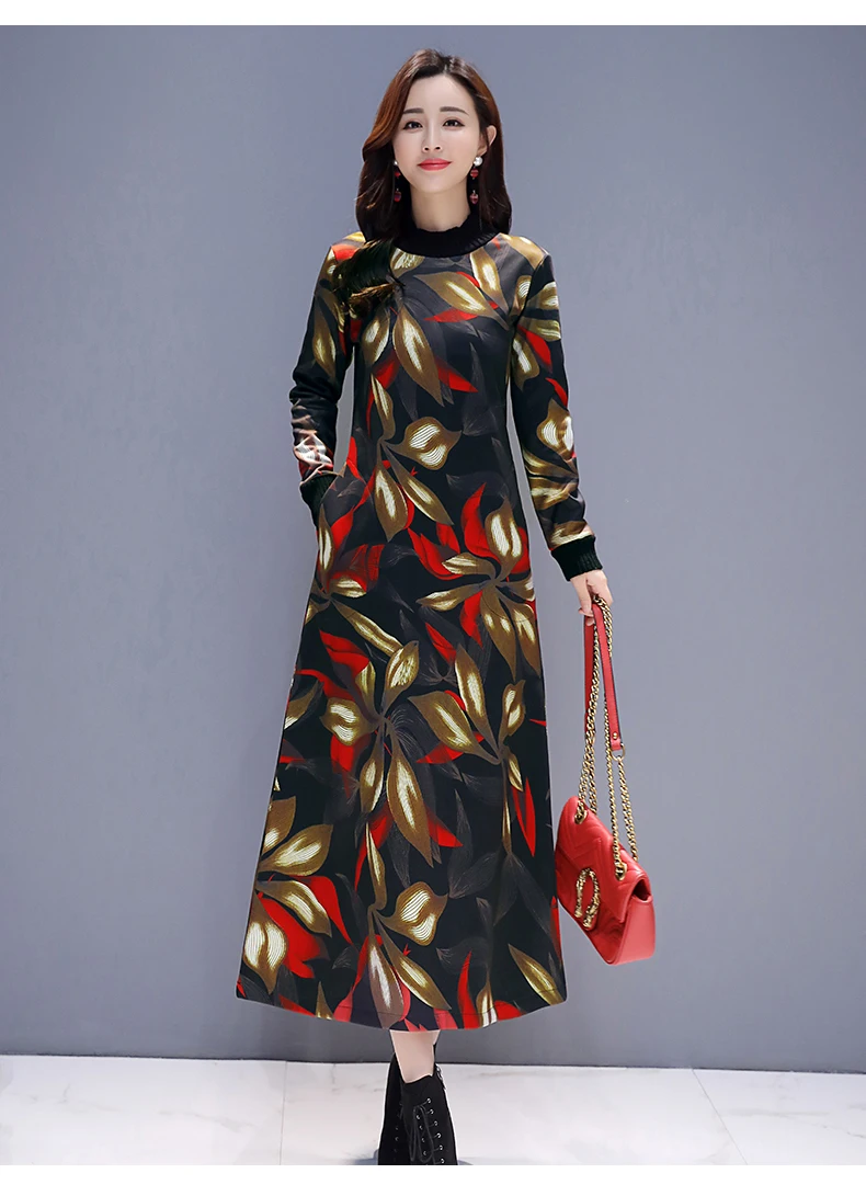 P Ammy Winter Plus Velvet thickening Floral print Retro Mid-Long Dress women Fleece Lining Slim Dress plus size