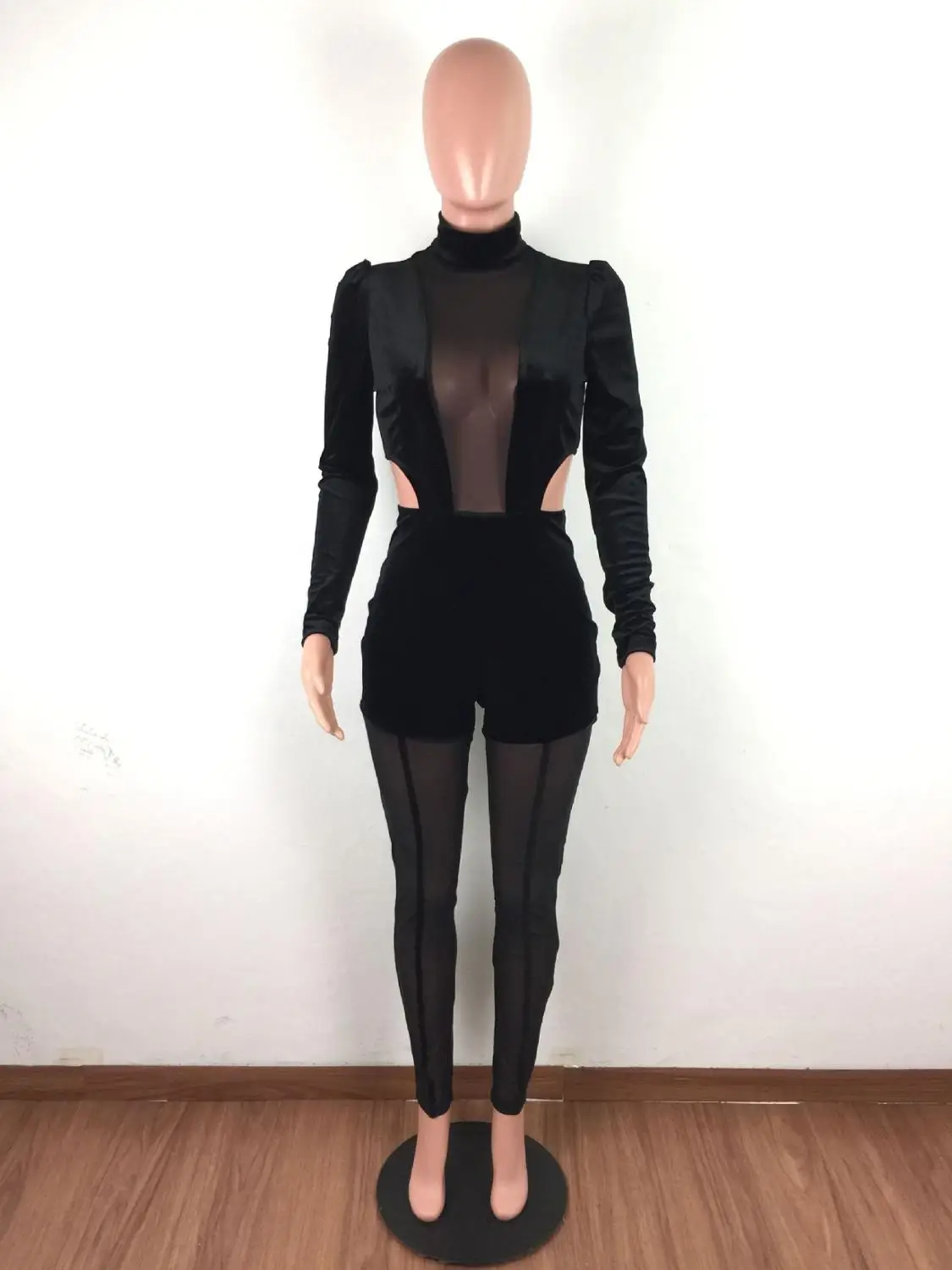 Женский бархатный комбинезон в стиле пэчворк прозрачный сетчатый с пышными