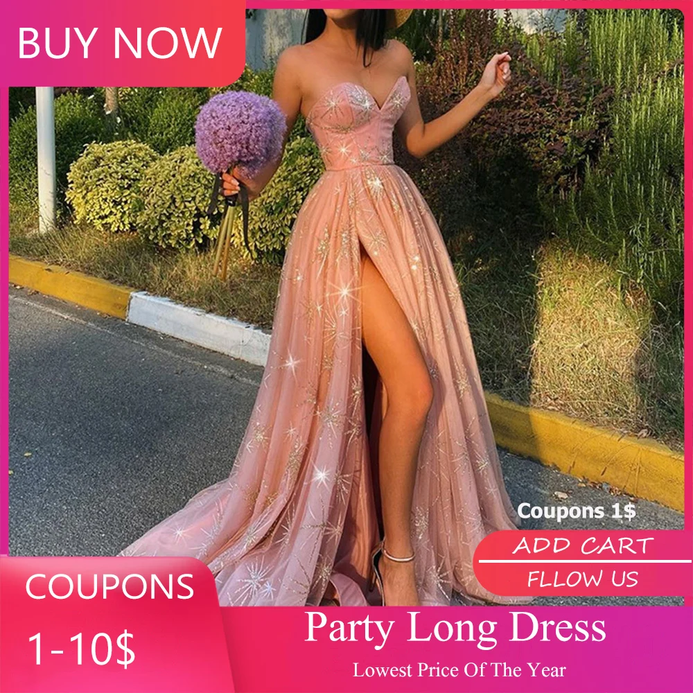 

Pink Squines Long Evening Dress Women Sexy Strapless High Split Party Robe Femme Formal Gown Summer Vestidos de fiesta de noche