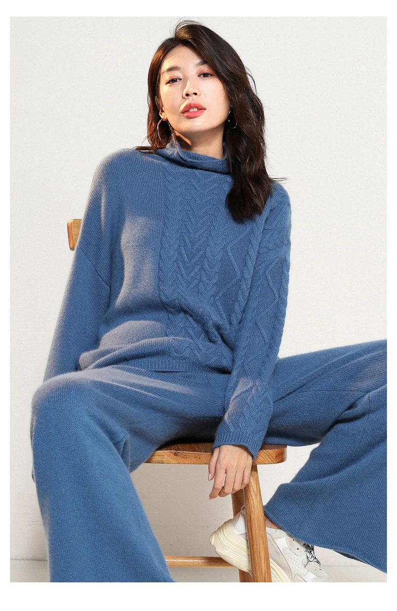 Luxury two pieces 50% cashmere+ 30% wool suits female high collar warm mink cashmere Knit tops+ wide leg wool pant sets F788