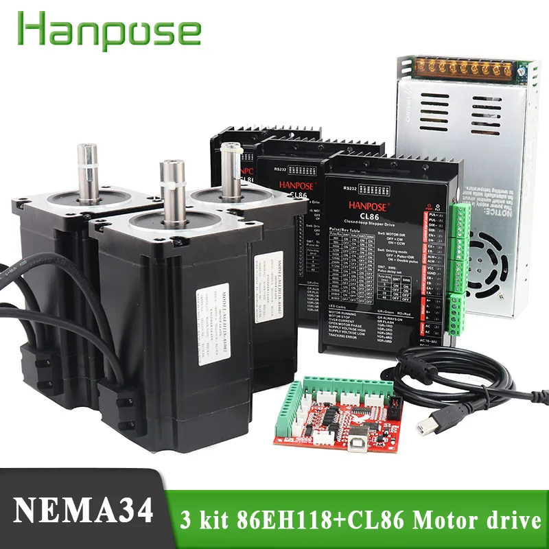 

nema34 stepper motor 3 axis cnc kit Closed Loop 12N 8N 4N 86EH118A6001+CL86 Driver 48V 360W Power Supply Hybrid Step-servo motor