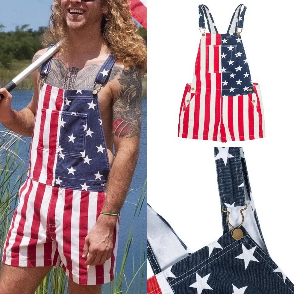 

Fashionable Men's American Independence Day Flag Printed Jumpsuit Jogger Street Style Casual Women Plus Size Short Playsuits D30