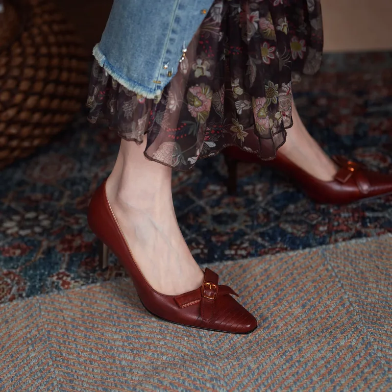 

Asumer 2021 Vintage High Heels Genuine Leather Shoes Women Pumps Bowknot Spring Summer Party Wedding Shoes Ladies Big Size 40