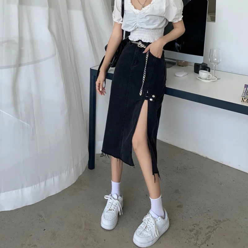 Джинсовая юбка с разрезом женская летняя средней и большой длины запахом высокой