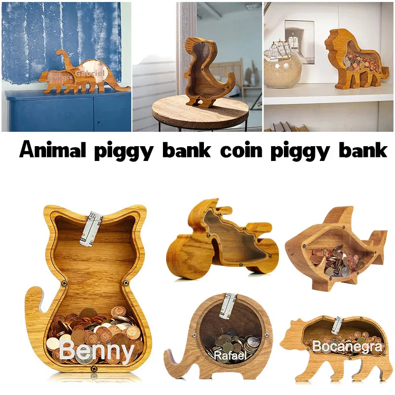 

Wooden Animal Piggy Bank Creative Simple Storage Tank Personalized Desktop Ornament for Home Living Room Bedroom Saving Box MOWA