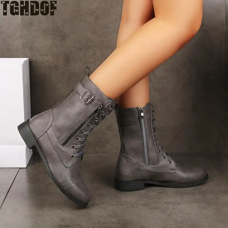 TGHDOF 2021 New Side Zipper Fall/winter Non-slip Flat Heel Rubber Sole Sexy Steampunk Leather Retro Buckle Ladies Boots