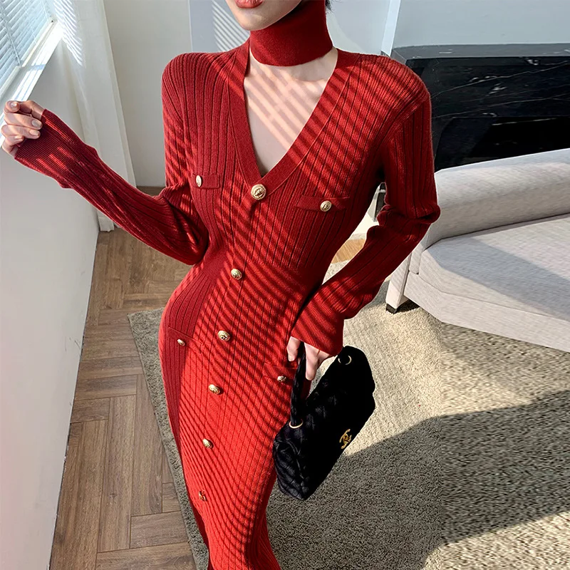 

Трикотажное платье в европейском французском стиле с V-образным вырезом, универсальное облегающее платье, одежда для женщин