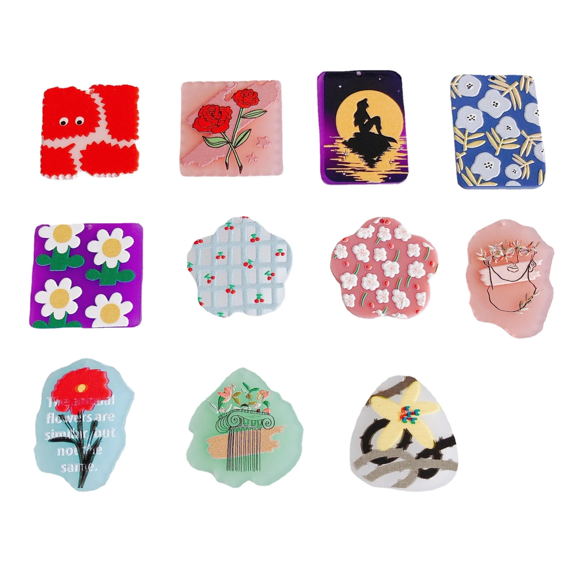

Newest 40pcs Geometry Floral Acetic Acid Acrylic Jewelry Charms Flower Tree Printing Resin Necklace Pendant Fit Ornament DIY