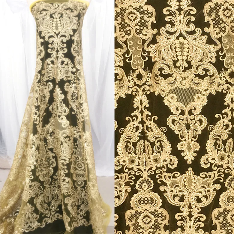 

High-end Golden Palace Fashion Sequins Embroidery Lace Fabric French Lace Fabric For Wedding Dress Clothing Accessories