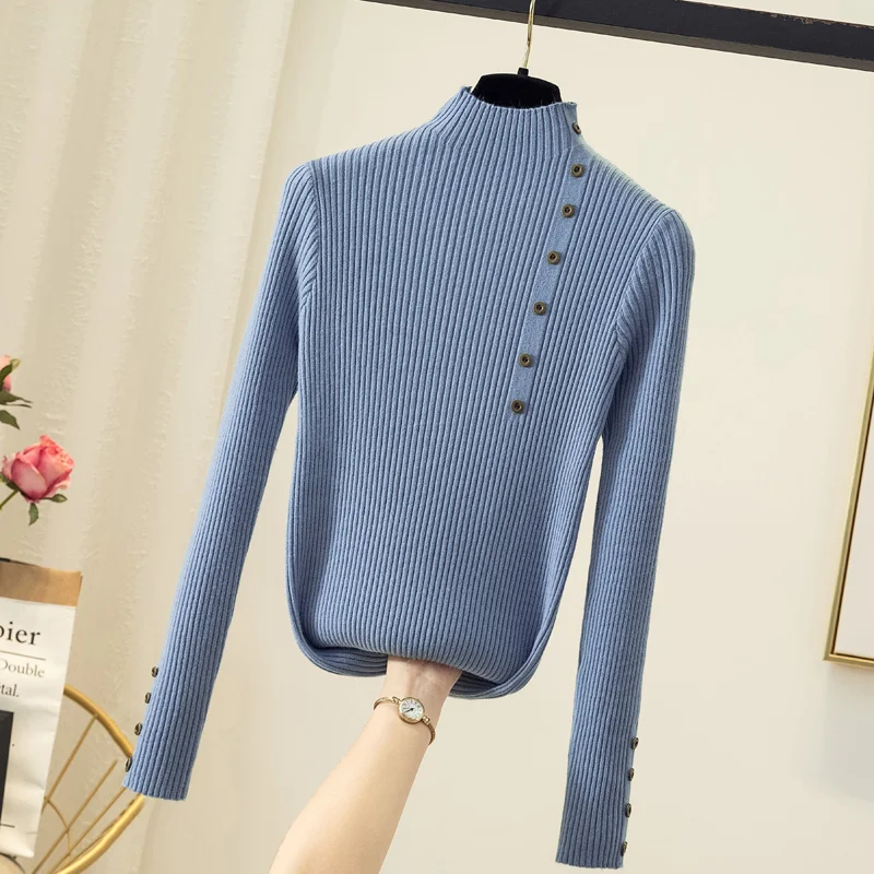 Осень 2021 Новые вязаные женские свитера водолазка одноцветные на пуговицах