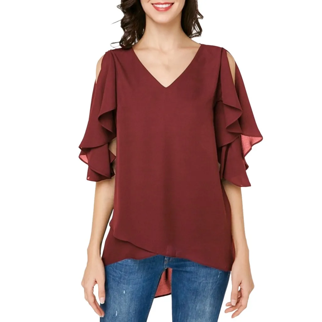 Блузка Женская шифоновая с V образным вырезом и открытыми плечами|Блузки| |