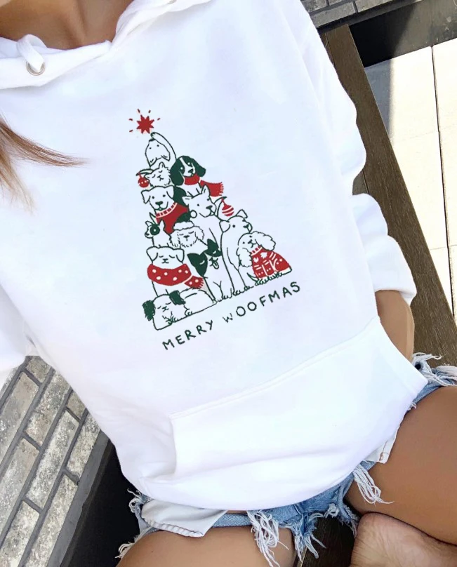 Новинка года. Женская толстовка с капюшоном MERRY WOOFMAS. Толстовка изображением