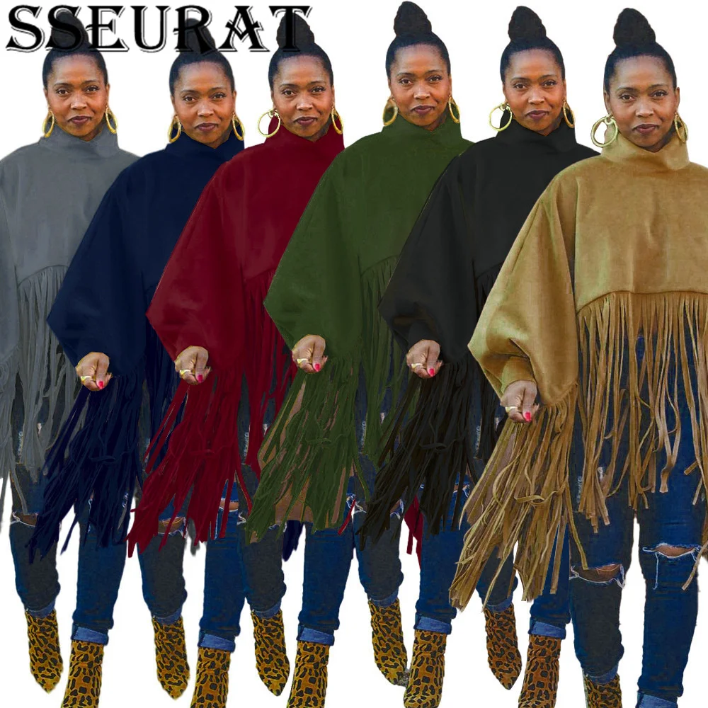 

SSEURAT Women Tassel Batwing Sleeve Capes & Ponchos Streetwear Basic Elegant Turtleneck Loose Blend Tops