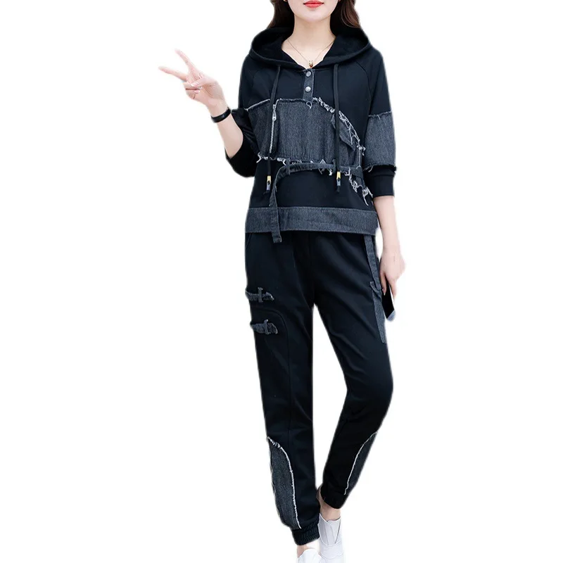 

Retro Fashion Large Size Denim Suit Women's 2021 Spring New Loose Hooded Sweatshirt And Harem Pants Ladies Two Piece Sets