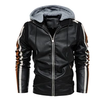 2021 men%e2%80%99s casual stand collar pu faux leather zip up motorcycle bomber jacket with removable hood male winter jacket coat 7901