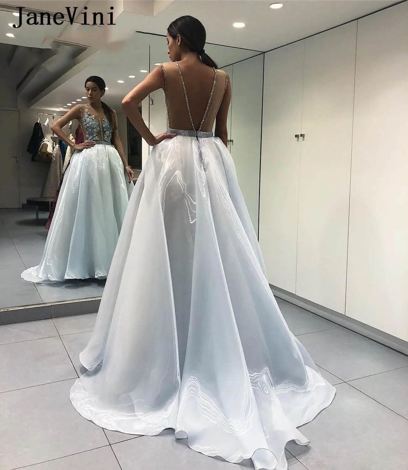 JaneVini Charming Light Blue Long Prom Dresses A Line Lace Appliques Beaded See Through Floor Length Organza Formal Gowns | Свадьбы и