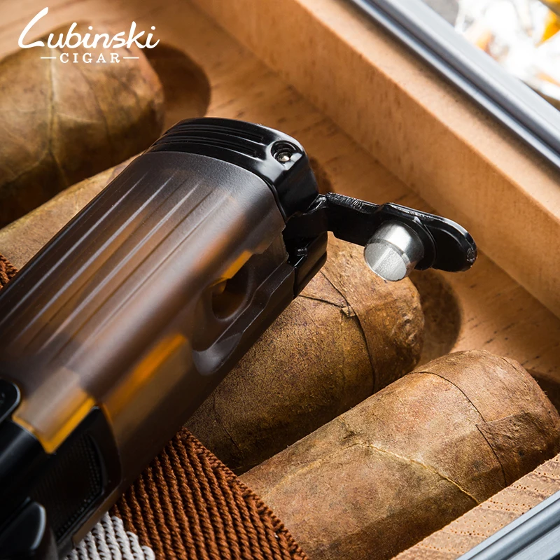 Любински Металлический Зажигалка с 3 Синими Пламенами Для Сигар и Сигарет, Ветрозащитная, с Окном для Газа и Кернером для Табака Инструмент для Курения