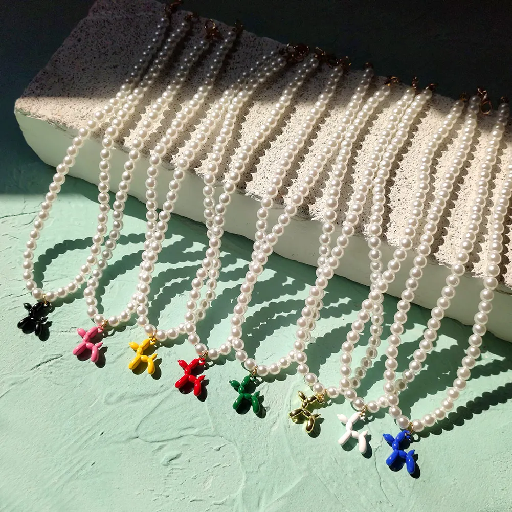 

Colorful Alloy Poodle Balloon Dog Animal Pearl Beaded Necklace Balloon Puppy Dog Pendant Necklaces For Women Fashion Y2k Jewelry