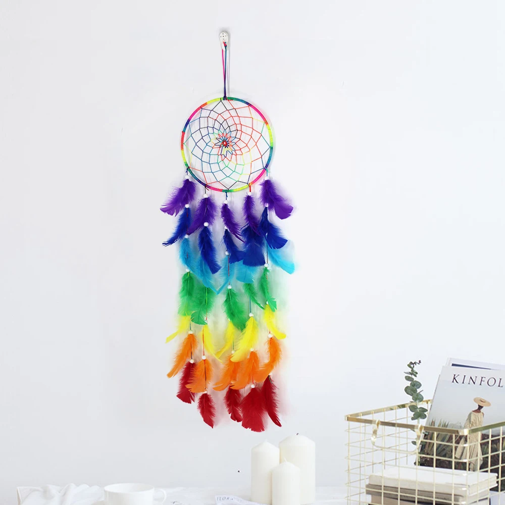 

Colorful Dream Catcher Bohemia Dream Catcher Handmade Rainbow Feather Hanging Wedding Home Car Decor Craft Mascot Ornament