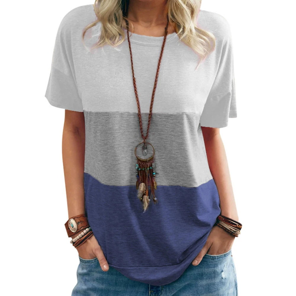 

Women Splicing Color T-Shirt Summer Loose O-Neck Short Sleeve Tops 2021