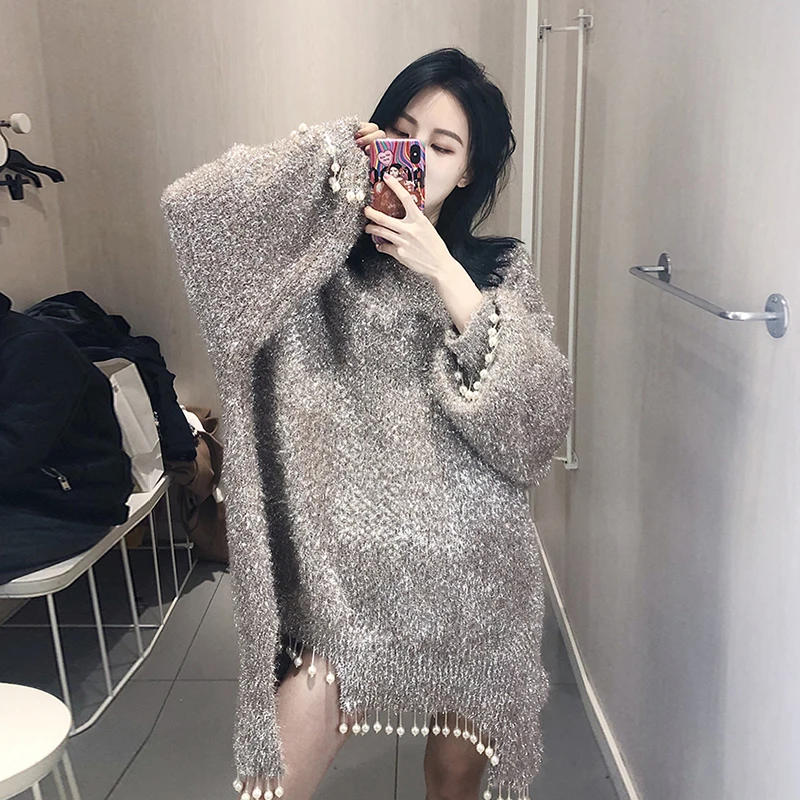 Женский Длинный пуловер с перламутровой бахромой толстый Толстый Пуловер