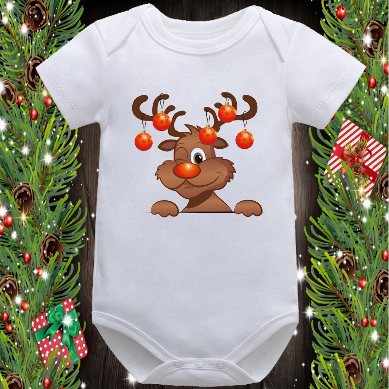 

Summer New Fashion Newborn Cute Cartoon Merry Christmas Reindeer Graphic Printed Baby Romper Infant Short Sleeve White Onesies