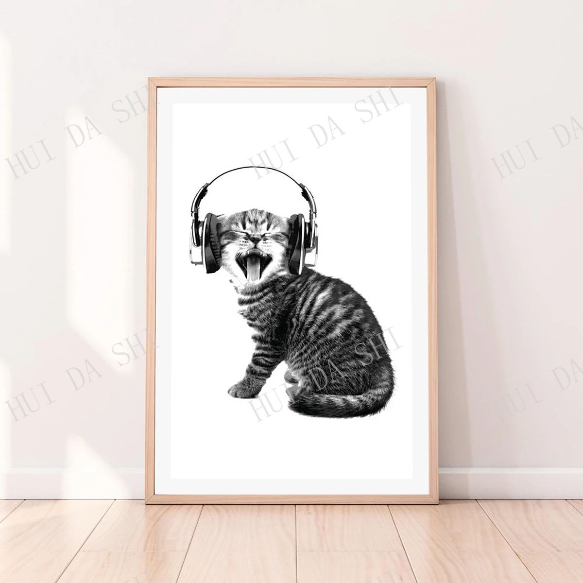 

Cool Cat, Canvas Art Print, Animal Headphones, Kitten Wall Decor, Canvas Art, Black and White Poster, Cat Art