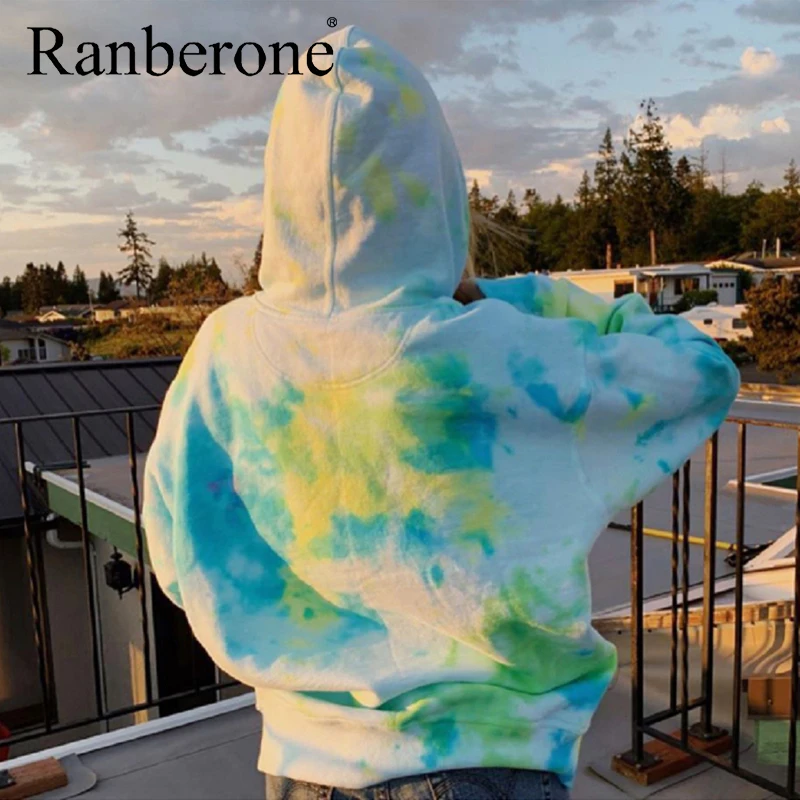 Ranberone Hoodies Women Fashion Tie Dye Print Hoodie Sweatshirt Oversized Drawstring Long Sleeve Winter Streetwear Women Clothes