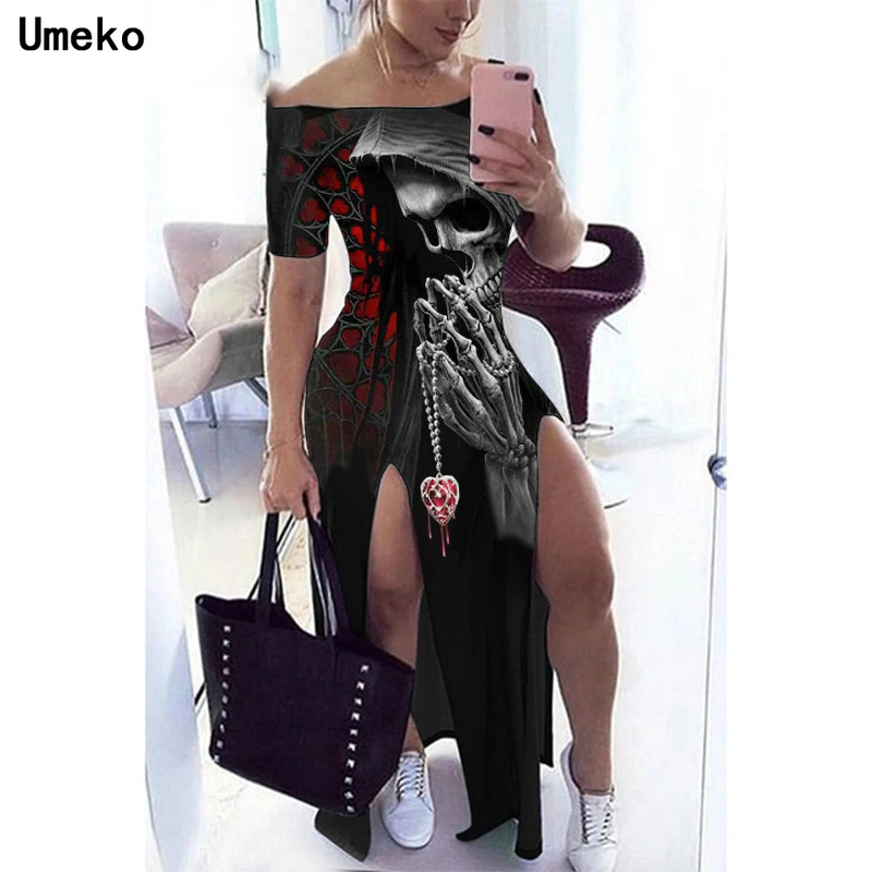 Гот череп Графический принт с открытыми плечами Разделение сбоку Y2k Макси платье