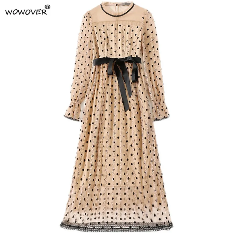 

Spring Designers 2021 Elegant Flare Sleeves Sashes Women Midi Polka Dot Vintage Mesh Dress Party Celebrity Robe Femme S-XXL