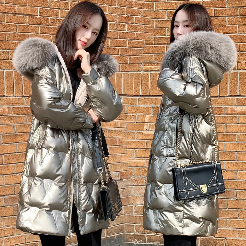 

Glossy golden down warm Parkas coat winter fashion brand thick warm down jacket female big fur collar long down jacket F857
