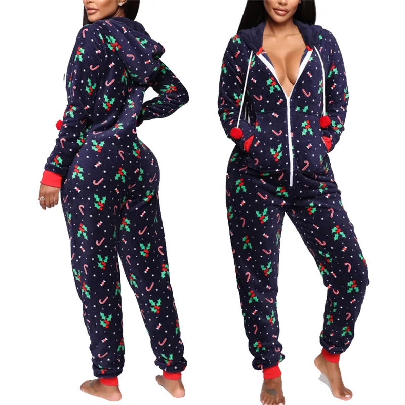 

Autumn Winter Womens Pajamas For Adults Long Sleeve V-neck Christmas Print Pajama Romper Women Jumpsuit Nightwear