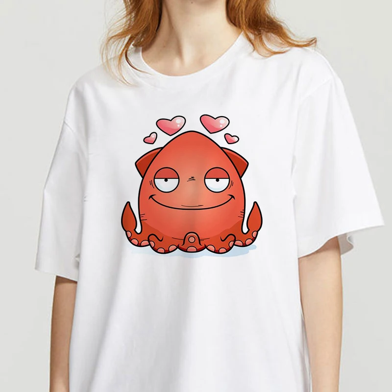 

Funny octopus Cartoon T-Shirt Women Graphic Tee Female T Shirt White Tshirt Summer Tops Round Neck T-shirts Women Clothes