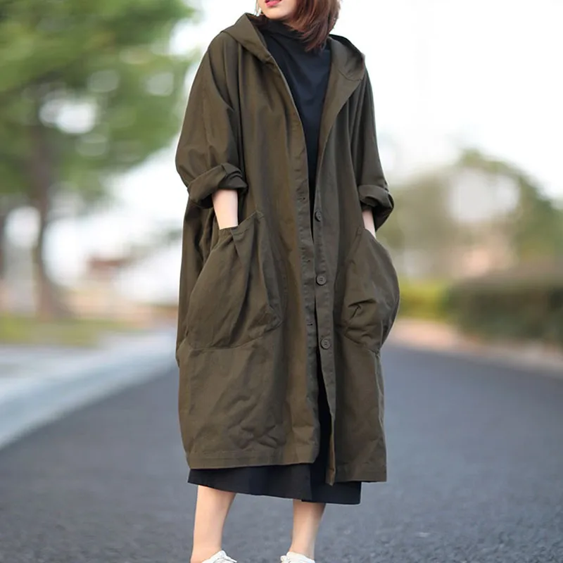 

Autumn New Loose Hooded Single Breasted Windbreaker Simple Casual Solid Color All-match Women Long Coat
