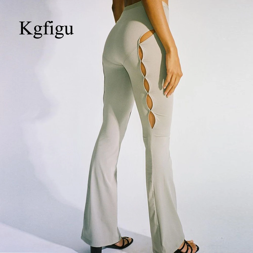 

KGFIGU Pants For Women 2021 Fall Clothing Ladies Hollow Out Solid Color Sexy Casual Hight Waist Pants