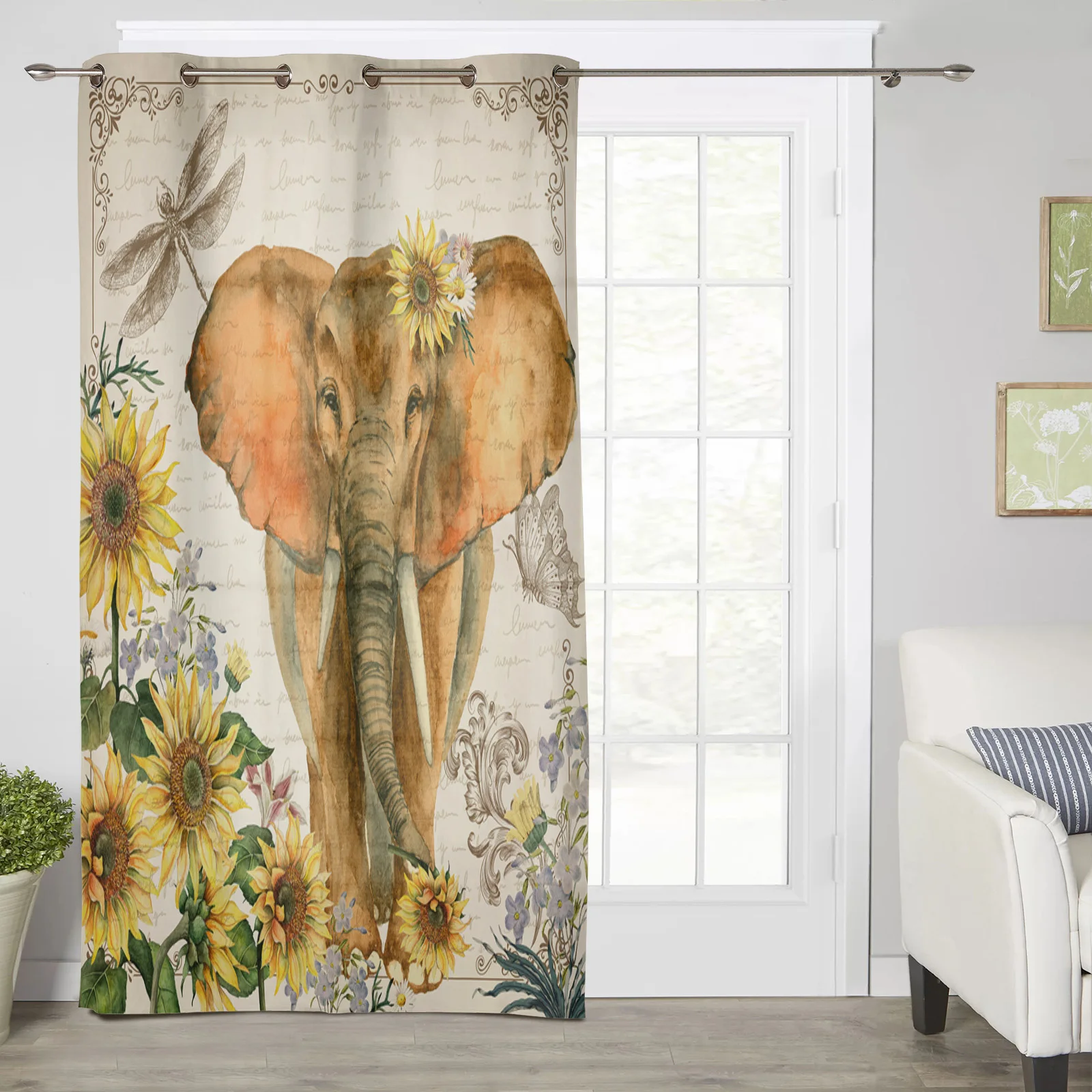 Винтажные оконные шторы со слоном подсолнухом стрекозой бабочкой для гостиной