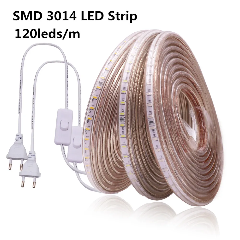 LED Strip EU 220 240V Waterproof IP67 Outdoor Rope White/Warm White/Blue SMD 3014 120LEDs/m LED Light Strip +EU Switch plug images - 6