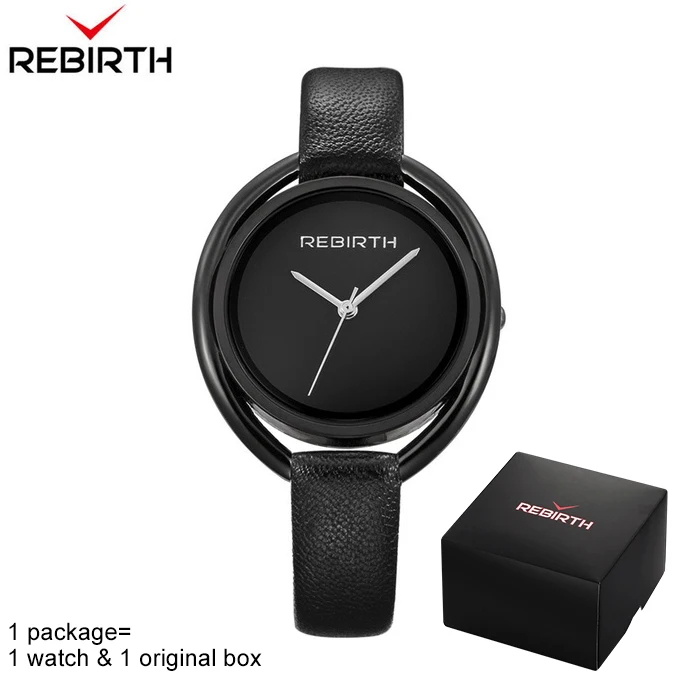Женские наручные часы REBIRTH, кварцевые часы с кожаным ремешком, роскошные часы-браслет из розового золота, женские часы montre femme RE028 - Цвет: black