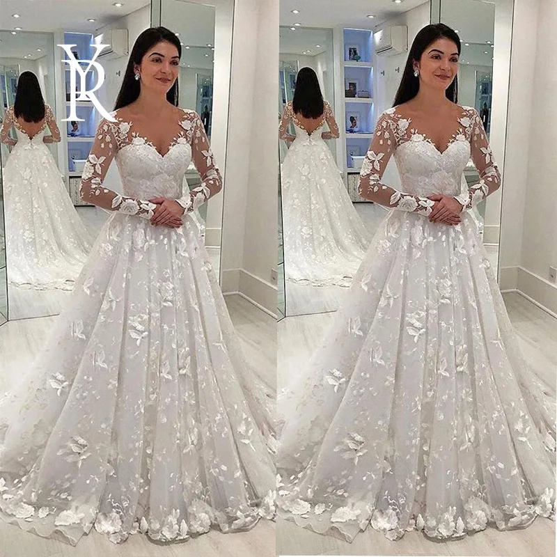 

YILIBER Chiffon Wedding Dress Lace Sleeveless Sweet Bridal Dresses Tailing Applique Decoration Buttons Custom Made Train Ivory