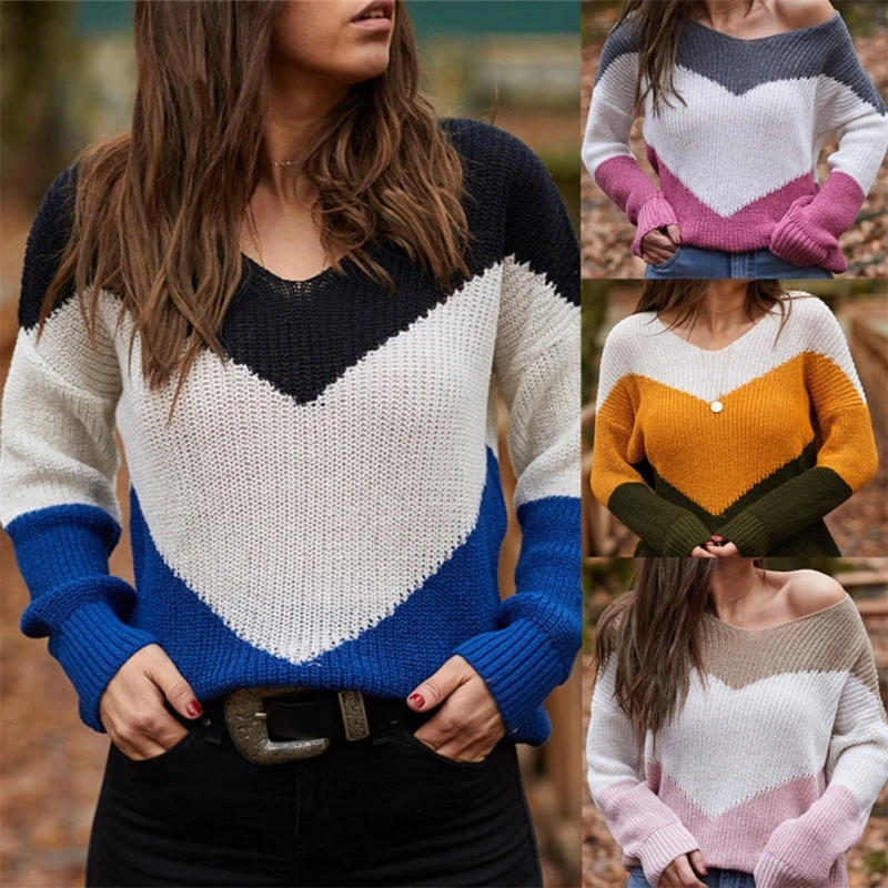 

Women Autumn Long Sleeve Knitted Sweater Color Block Stripes Loose Pullover Tops Sexy V-Neck Drop Shoulder Casual Basic Jumper S