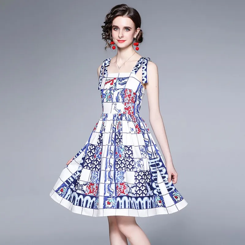 

Женское плиссированное платье на бретелях-спагетти, с высокой талией и цветочным принтом, голубое пляжное платье в стиле бохо, лето 2021