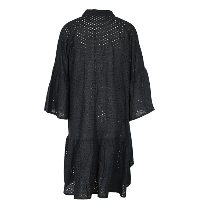 

2021 robe femme chic,Combed cotton asymmetrical white dress Summer loose flare 3/4 sleeve button-up stand collar mini dress