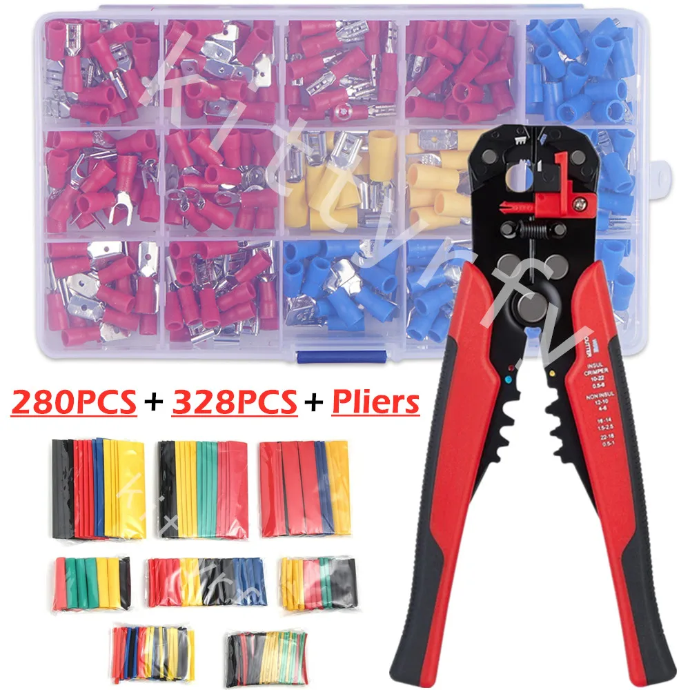 

280PCS Assorted Spade Terminals Cable Electrical Wire Connector Crimp Butt Ring Fork Set Ring Lugs +328 Heat Shrink Tube + Plier