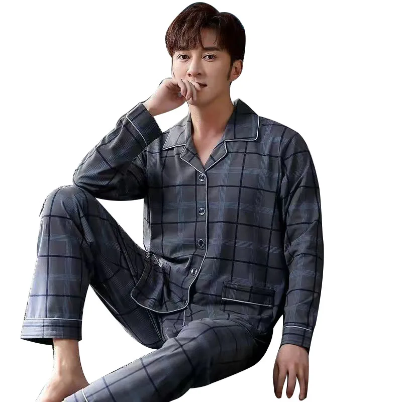 Men's Pajamas Set Large Size Plaid Male PJs Sleepwear Long Sleeves Loose Home Clothes For Man Soft Cotton Sleep Lounge Wear Suit