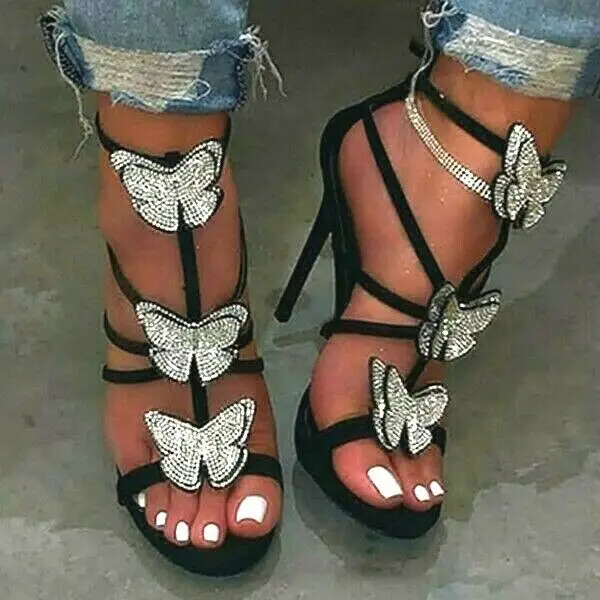 Women's Butterfly Embellished Strappy Stiletto Shoes