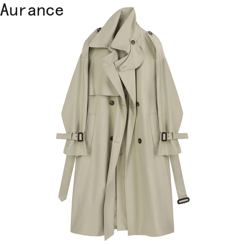 

[Aurance] Women Long Sleeve Double Breasted Big Size Khaki Trench New Notched Loose Windbreaker Fashion Spring Female 2021