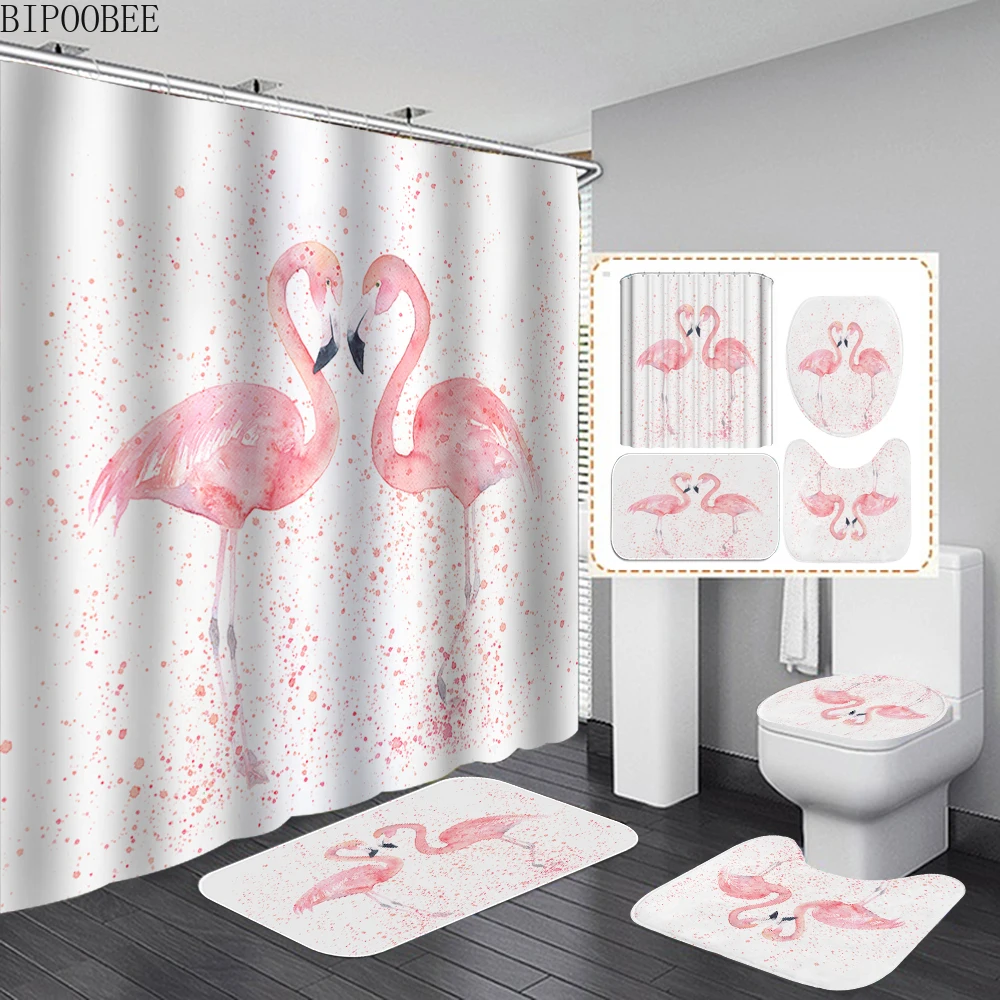 

Lover Flamingo Printed Bathroom Curtains Set White Shower Curtain Non-slip Carpet Toilet Lid Cover Bath Mats Rugs Home Decor